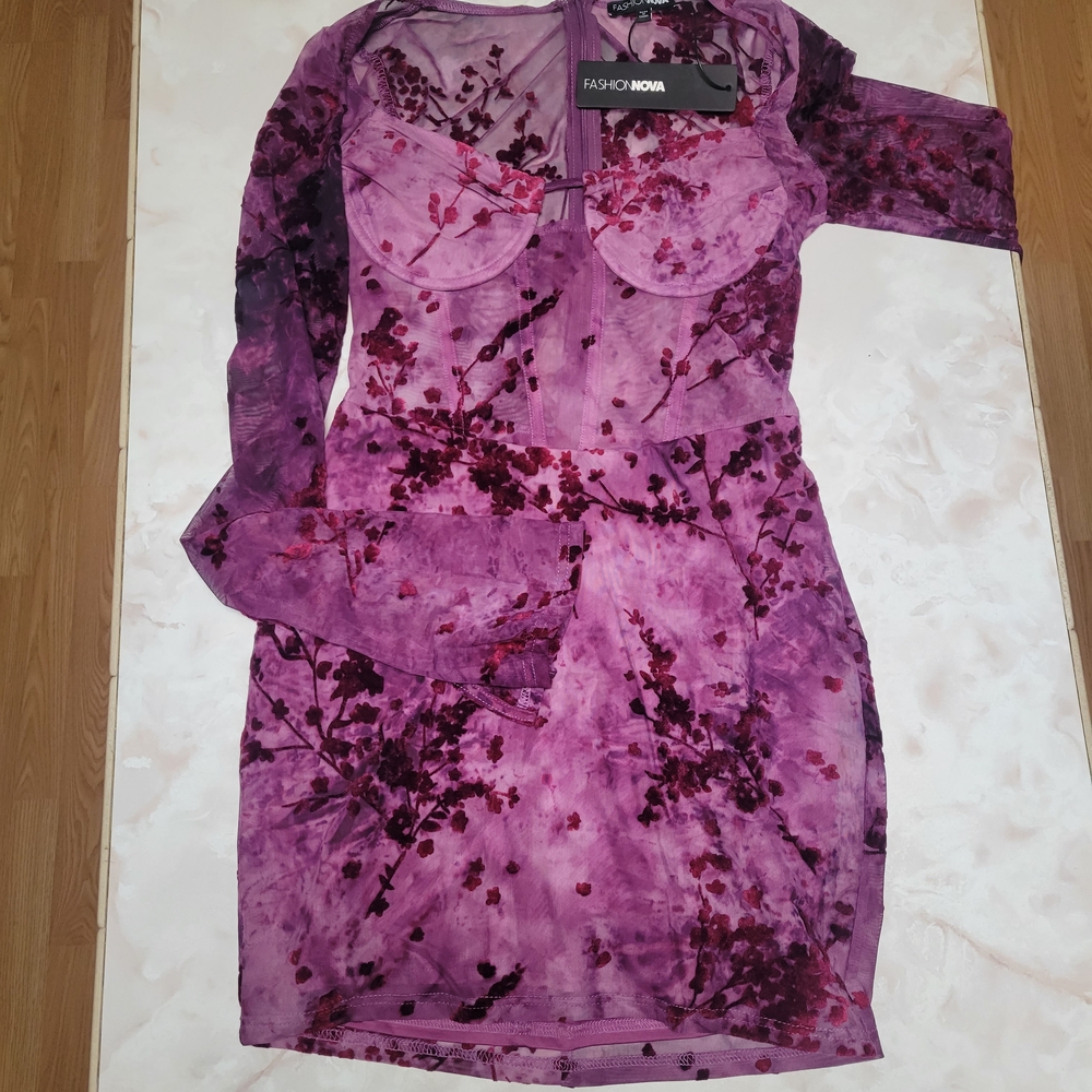 Fashion Nova Riley Plum Floral Mesh Mini Dress Size Small NWT
